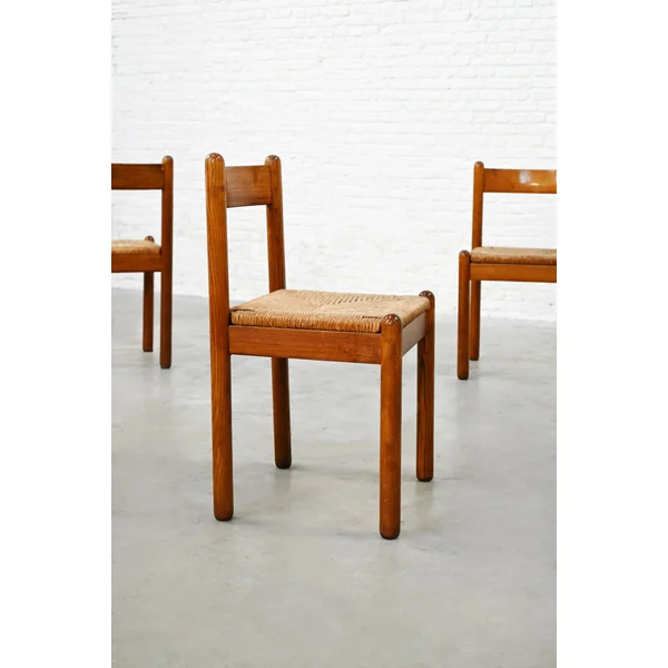 Set of Six French Oak Dining Chairs with Rush Seats, 1970's