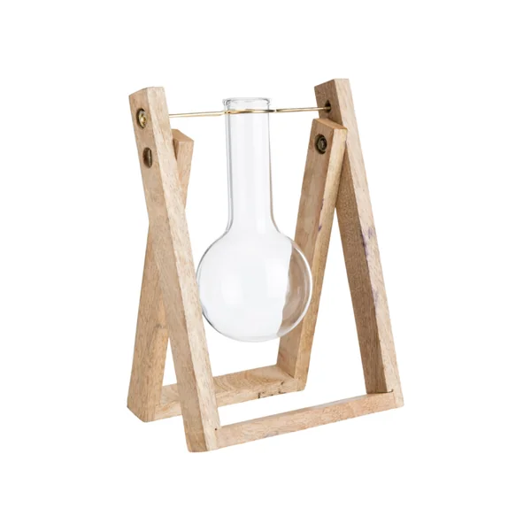 Soliflore en verre forme éprouvette sur socle en bois de manguier - 15 x 14,5 x 19,5 cm