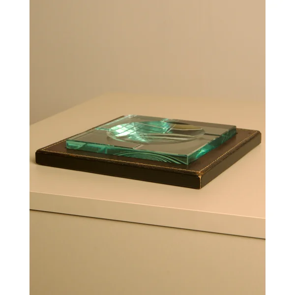Square Italian Ashtray in Leather and Wood by Fontana Arte, 1960s