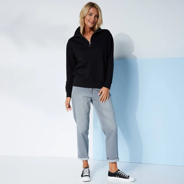 Sweat col montant zippé en molleton gratté, noir