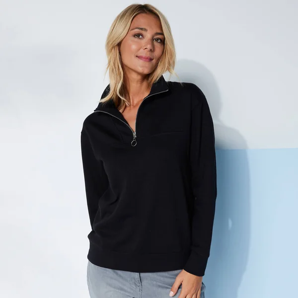Sweat col montant zippé en molleton gratté, noir