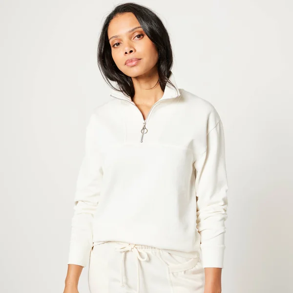 Sweat col montant zippé en molleton gratté, écru