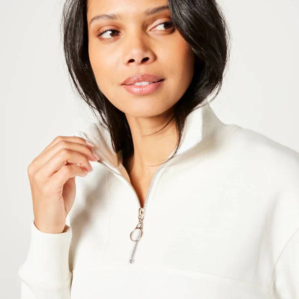 Sweat col montant zippé en molleton gratté, écru