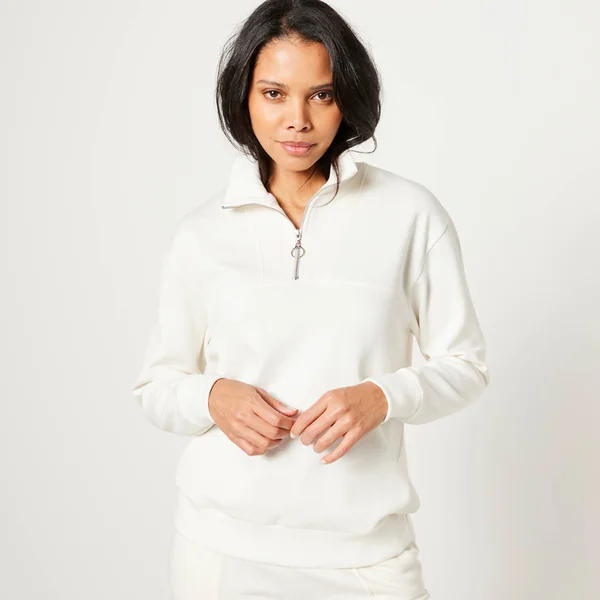 Sweat col montant zippé en molleton gratté, écru