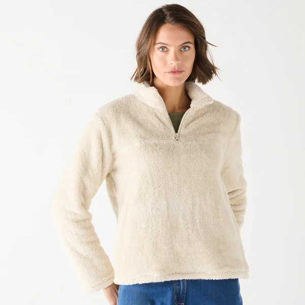 Sweat zippé, maille peluche, beige chiné