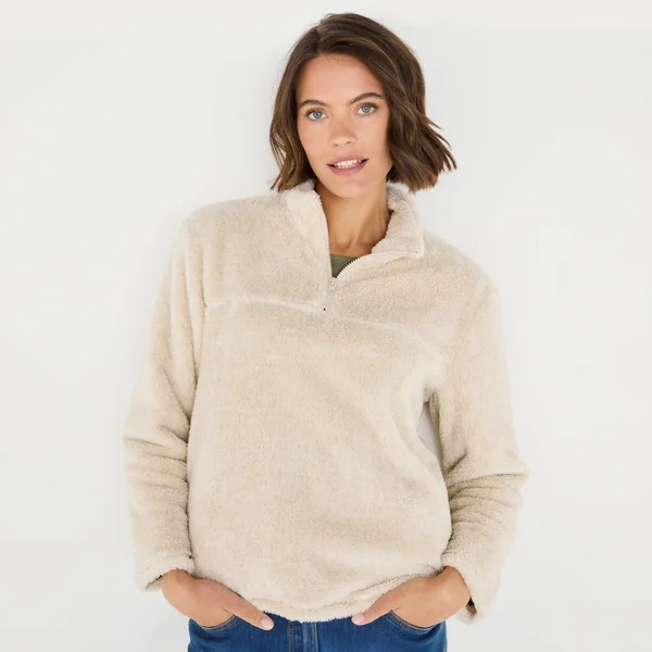 Sweat zippé, maille peluche, beige chiné