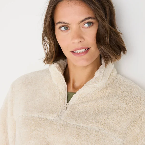Sweat zippé, maille peluche, beige chiné