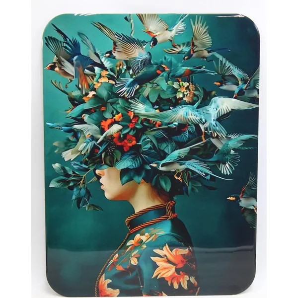 Tableau en métal vert/bleu La Dame aux oiseaux - 30 x 40 cm