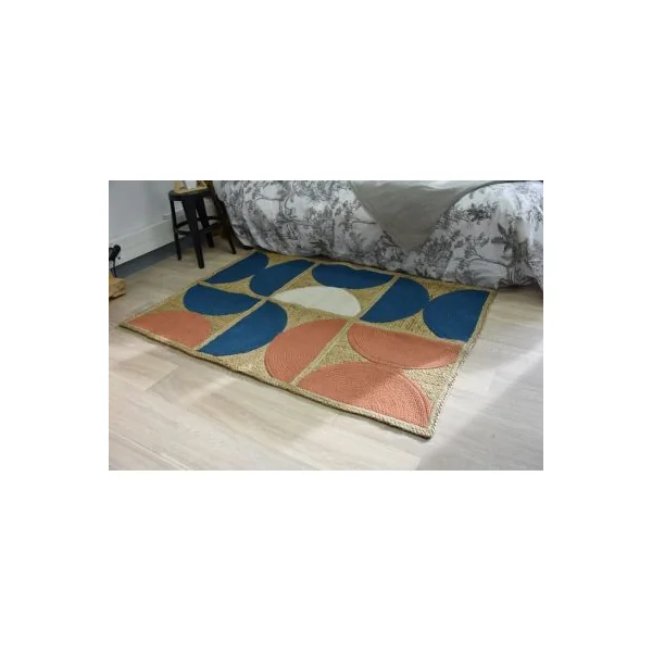 Tapis rectangle Vintage jute et coton bleu et terracotta L.100 x l.150 cm