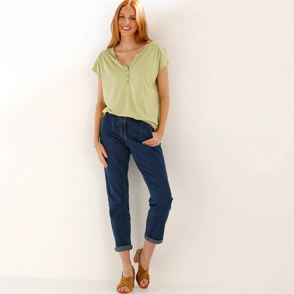 Tee-shirt col tunisien manches courtes, uni, vert tilleul