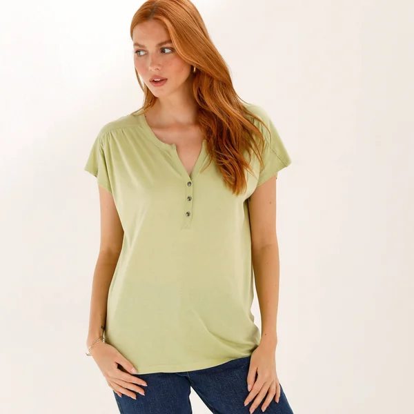 Tee-shirt col tunisien manches courtes, uni, vert tilleul
