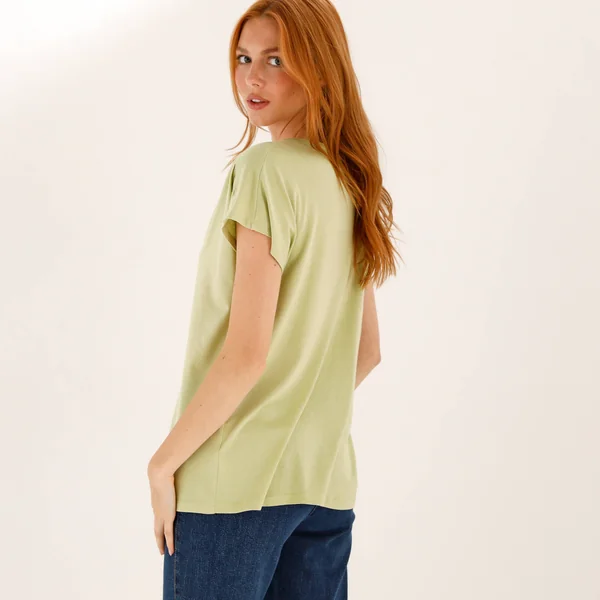 Tee-shirt col tunisien manches courtes, uni, vert tilleul