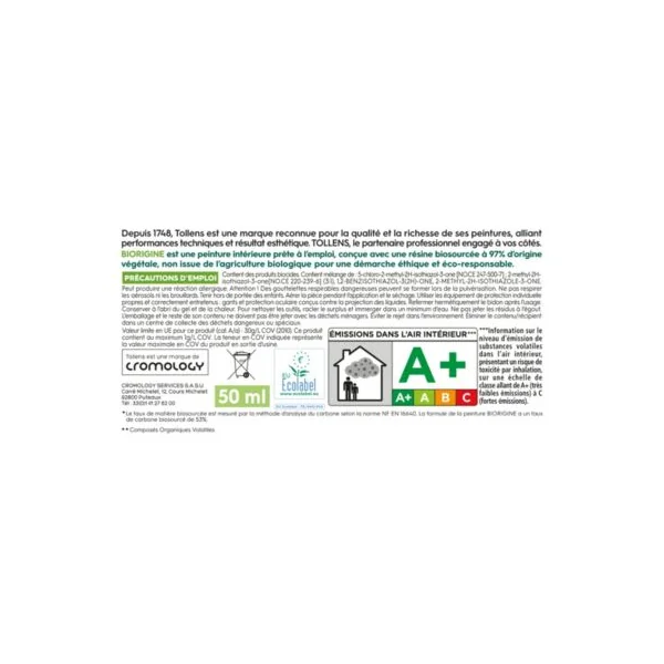 Testeur de peinture murs et plafonds Biorigine Tollens velours gravier 50ml