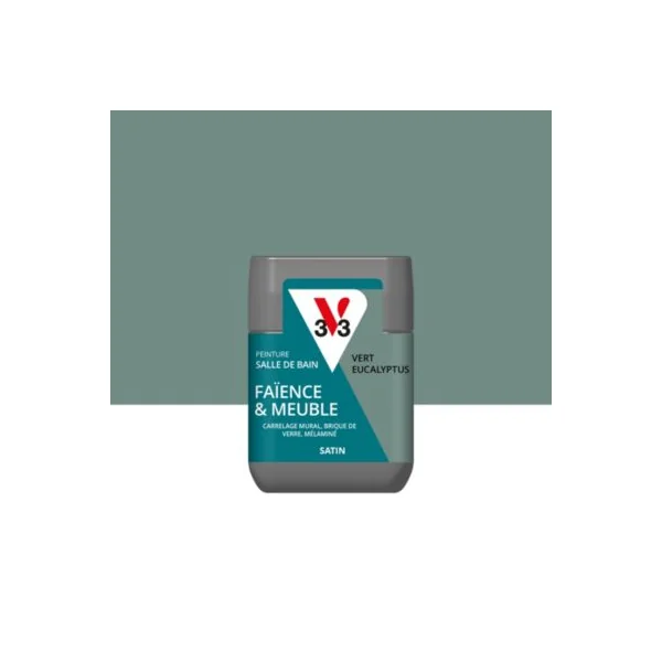 Testeur peinture de rénovation faïence et meuble de salle de bains V33 vert eucalyptus satin 75 ml