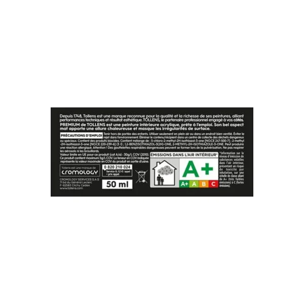 Testeur peinture Tollens premium murs, boiseries et radiateurs gris minéral mat 50ml