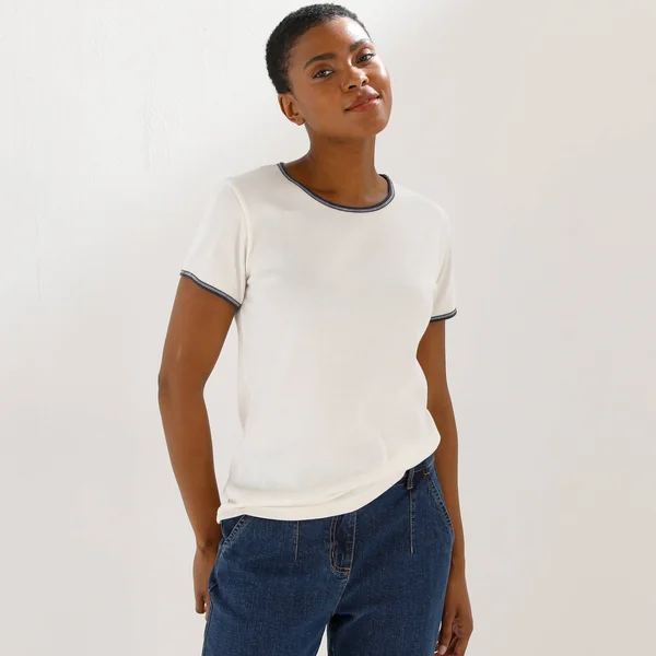 T-shirt bicolore manches courtes , écru / marine