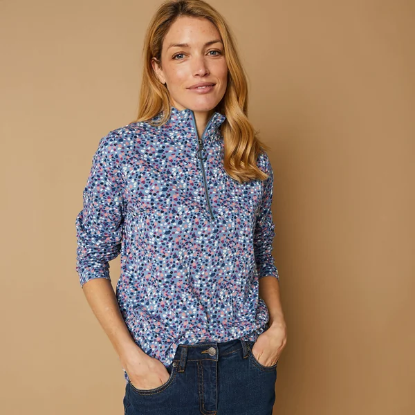 T-shirt col montant zippé imprimé, bleu grisé