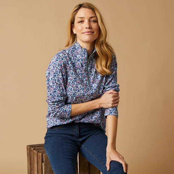 T-shirt col montant zippé imprimé, bleu grisé
