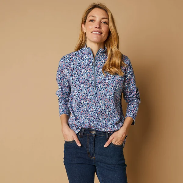 T-shirt col montant zippé imprimé, bleu grisé