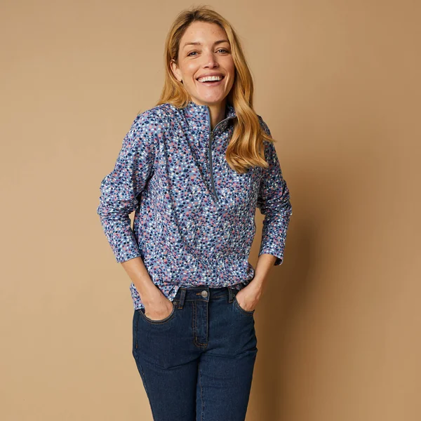 T-shirt col montant zippé imprimé, bleu grisé