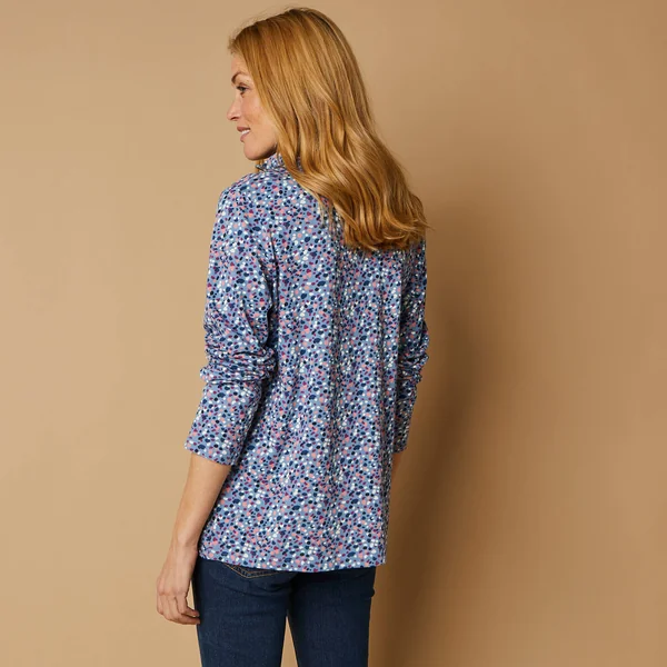 T-shirt col montant zippé imprimé, bleu grisé