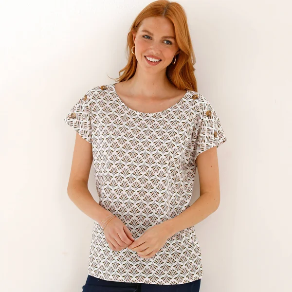 T-shirt col rond imprimé minimaliste, blanc / kaki