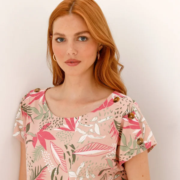 T-shirt col rond imprimé tropical, rose / vert
