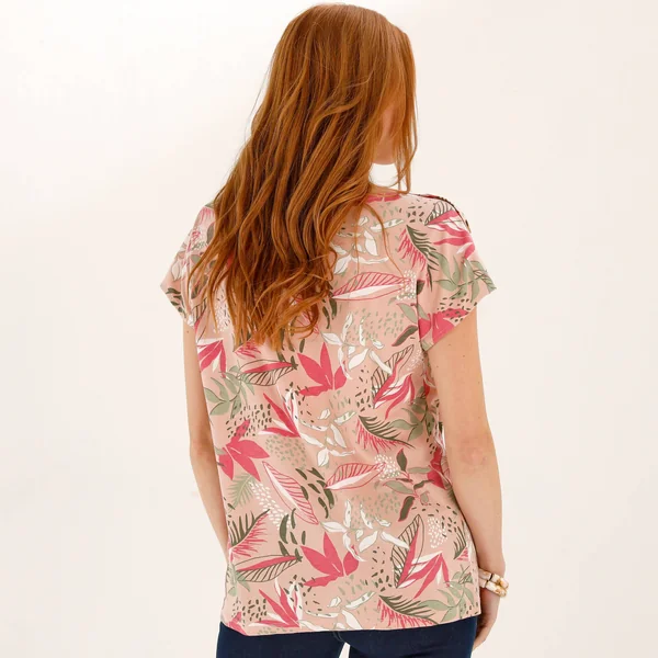 T-shirt col rond imprimé tropical, rose / vert