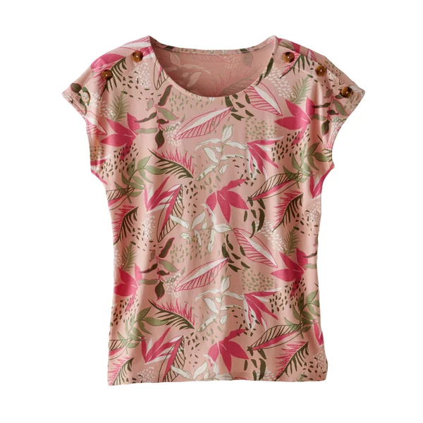T-shirt col rond imprimé tropical, rose / vert