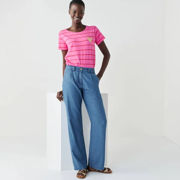 T-shirt col rond rayé, imprimé coeur doré, rose