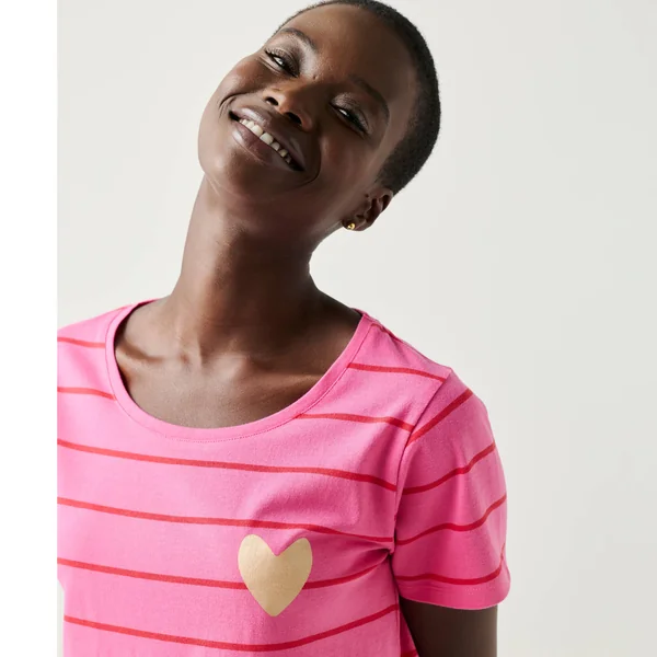 T-shirt col rond rayé, imprimé coeur doré, rose