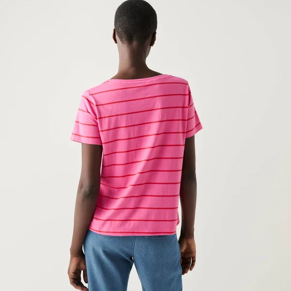 T-shirt col rond rayé, imprimé coeur doré, rose