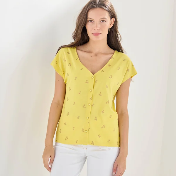 T-shirt col V boutonné imprimé cerises dorées, anis / doré