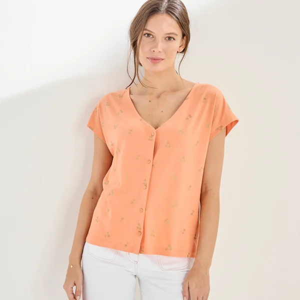 T-shirt col V boutonné imprimé cerises dorées, melon / doré