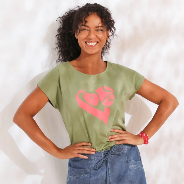 T-shirt imprimé placé "love", kaki / rose