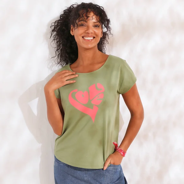 T-shirt imprimé placé "love", kaki / rose