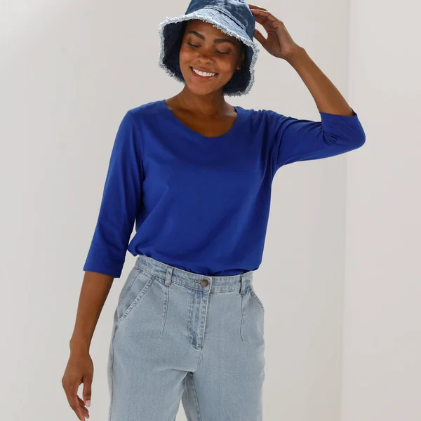 T-shirt manches 3/4 uni, coton, bleu dur