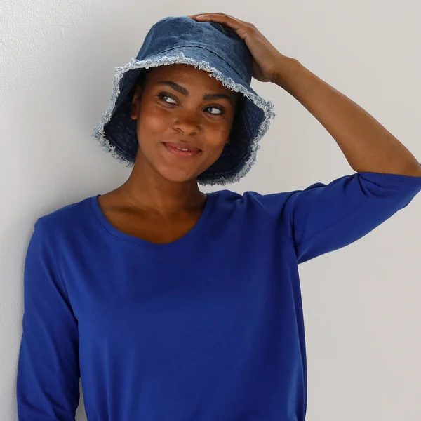 T-shirt manches 3/4 uni, coton, bleu dur
