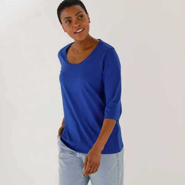T-shirt manches 3/4 uni, coton, bleu dur