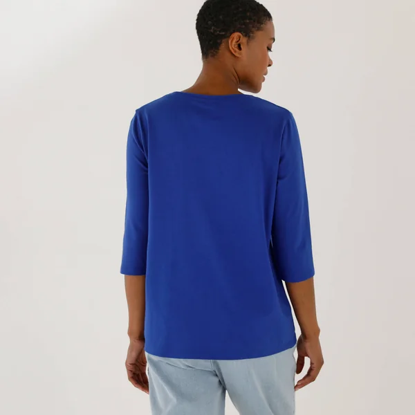T-shirt manches 3/4 uni, coton, bleu dur