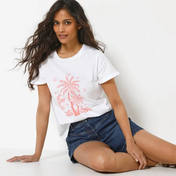 T-shirt manches courtes imprimé palmiers, blanc / corail
