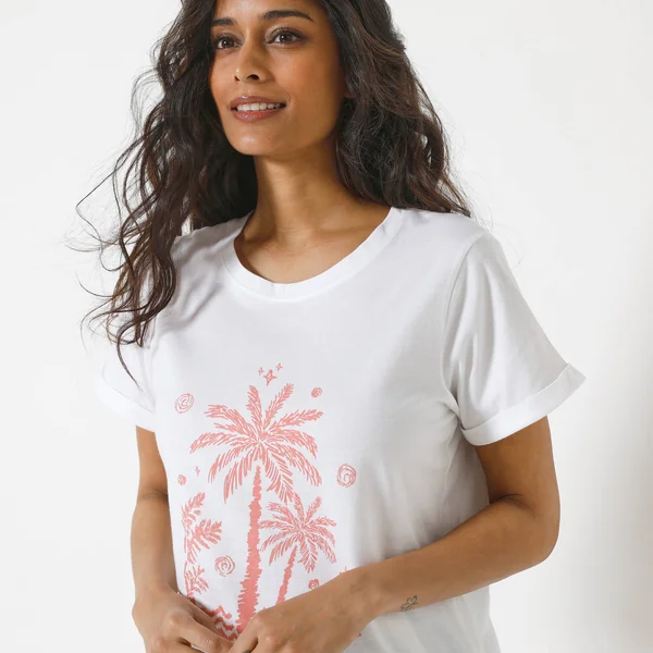 T-shirt manches courtes imprimé palmiers, blanc / corail