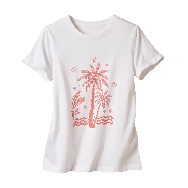 T-shirt manches courtes imprimé palmiers, blanc / corail