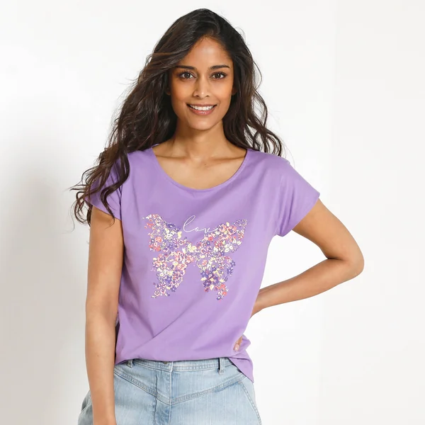 T-shirt manches courtes, imprimé placé "papillon", parme