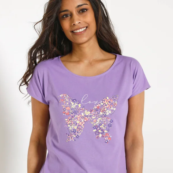 T-shirt manches courtes, imprimé placé "papillon", parme