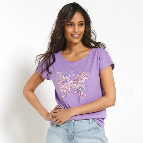 T-shirt manches courtes, imprimé placé "papillon", parme