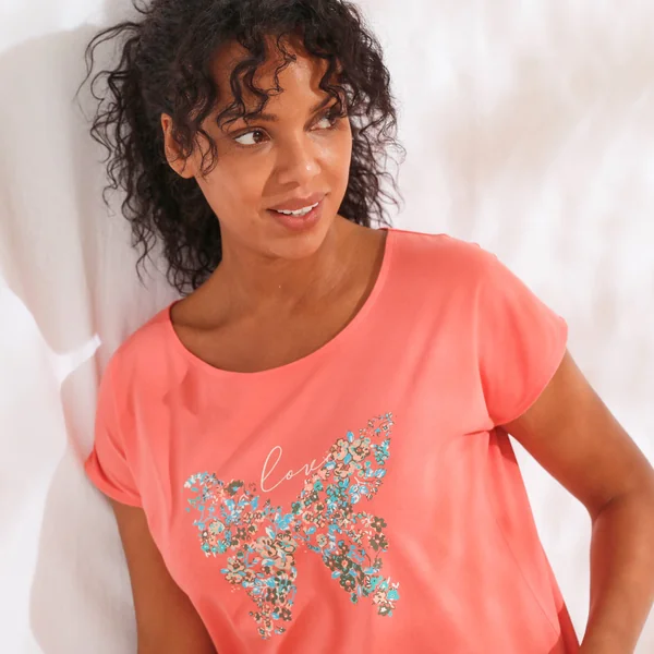 T-shirt manches courtes, imprimé placé "papillon", rose corail