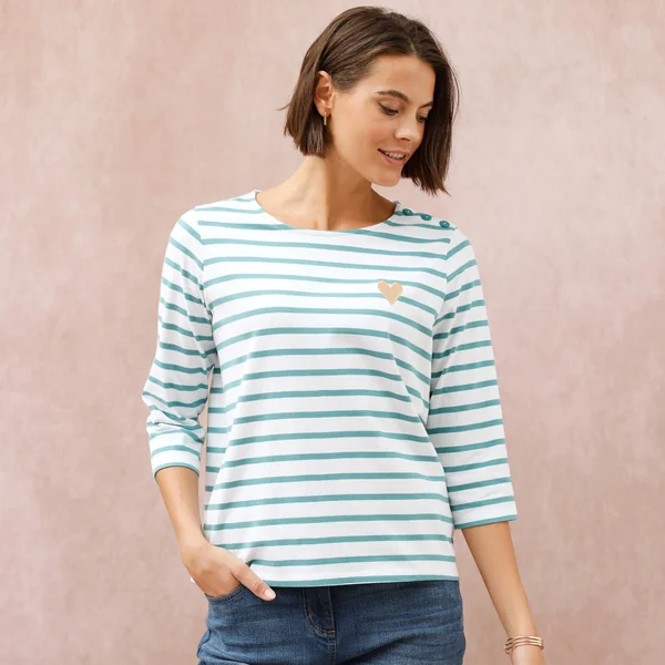 T-shirt marinière broderie coeur doré en coton biologique(**), blanc / céladon
