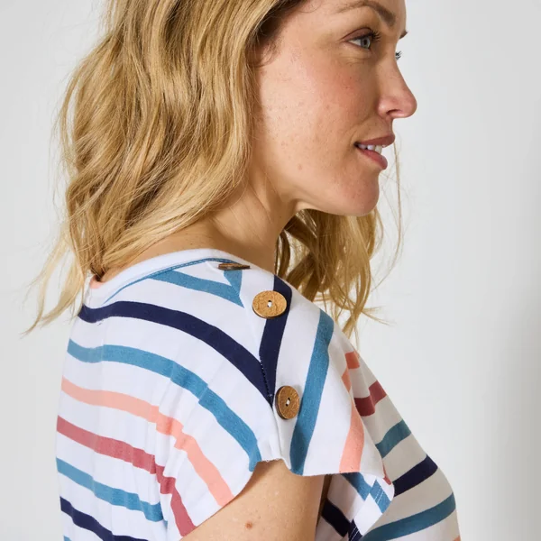 T-shirt rayé détail boutonné maille jersey, blanc / multicolore