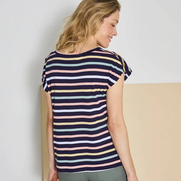 T-shirt rayé détail boutonné maille jersey, marine / multicolore